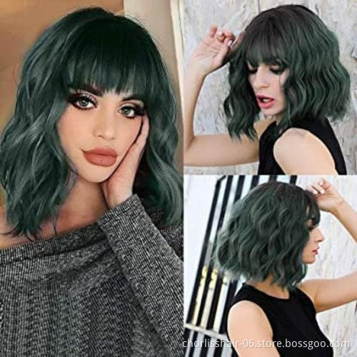 Cute Realistic High Quality Water Wave Short Best Curly Synthetic Bob Cosplay Cheap Pink Paula Young Wigs With Bangs For Women